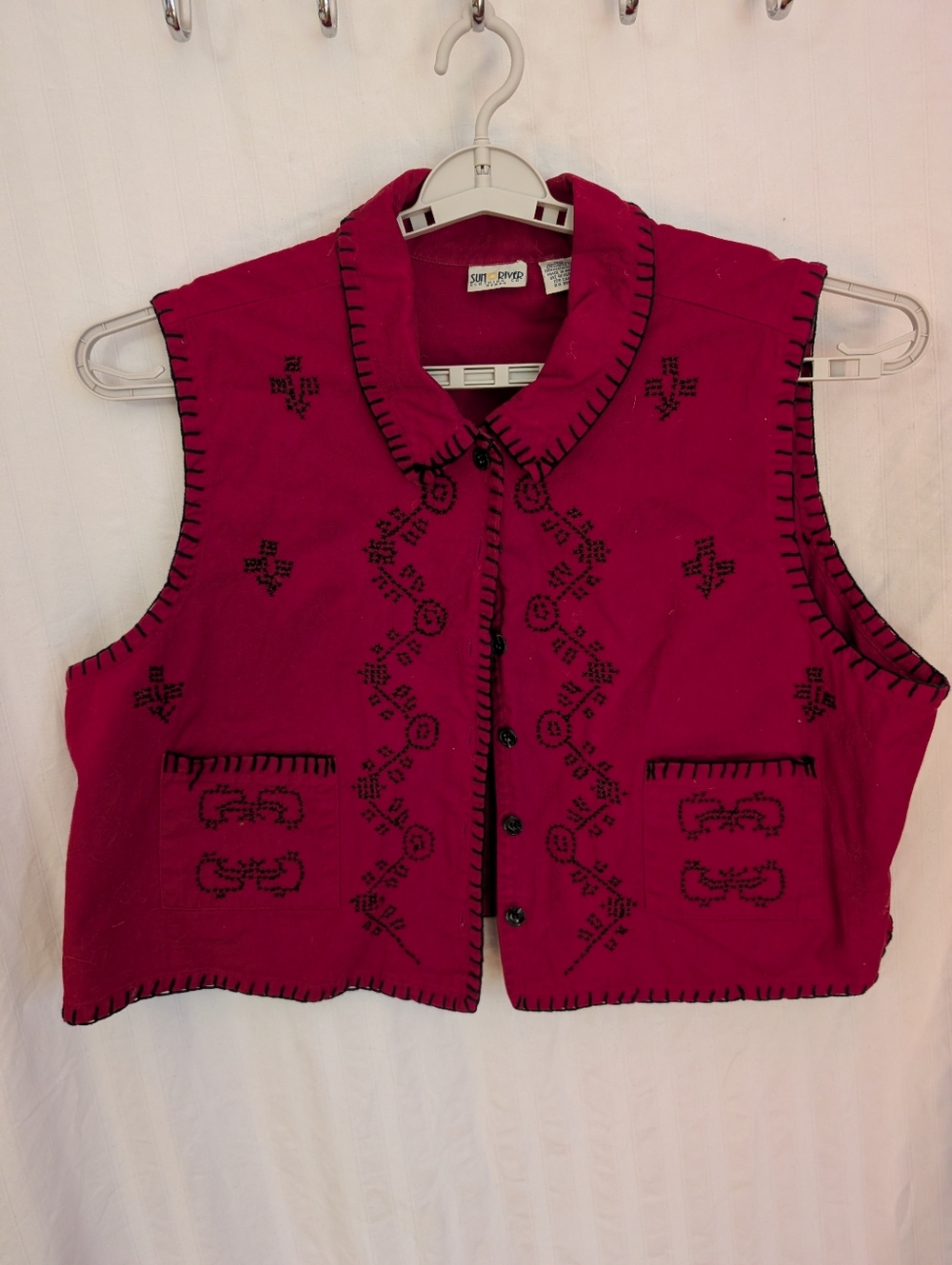 Vintage Red And Black Embroidered Button-Front Cotton Vest Cropped 2x